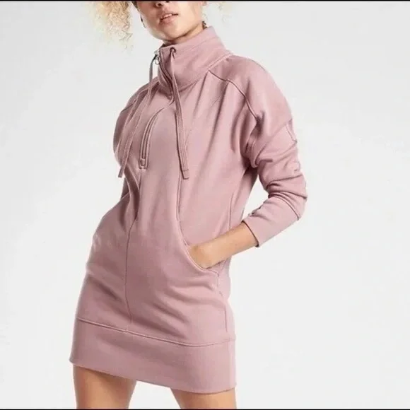Athleta Cozy Karma 1/4 Zip Sweatshirt Dress mauve medium - Picture 1 of 11